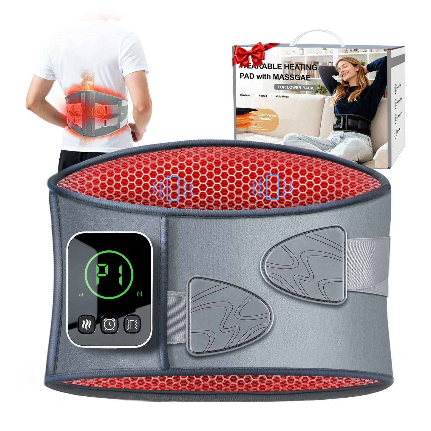 Graphene-Infused Cordless Heating Pad with Massager for Back, 5000mAh Rechargeable Portable Lower Back Massager with 3 Heat 3 Vibration with 20/30/40 mins Timer Options, Gifts for Women Men Mom Dad