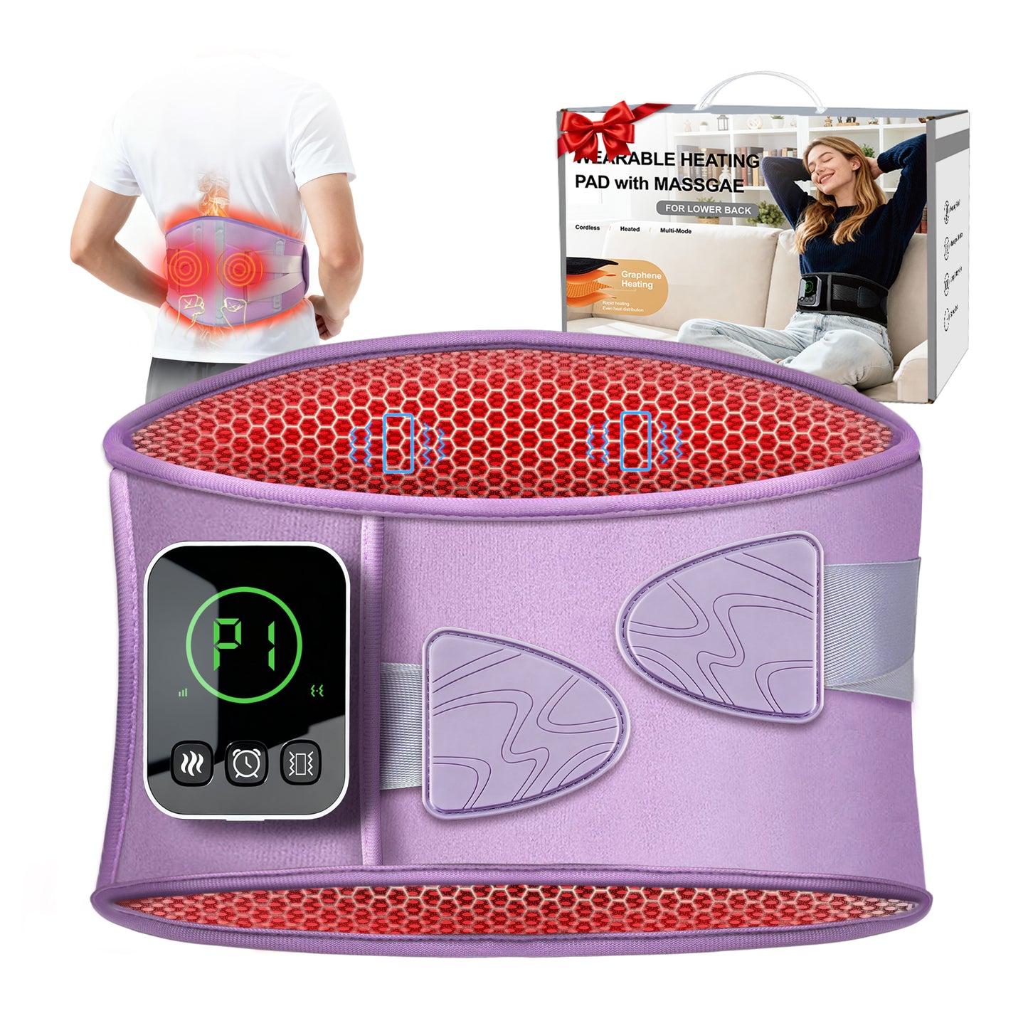 Graphene-Infused Cordless Heating Pad with Massager for Back, 5000mAh Rechargeable Portable Lower Back Massager with 3 Heat 3 Vibration with 20/30/40 mins Timer Options, Gifts for Women Men Mom Dad