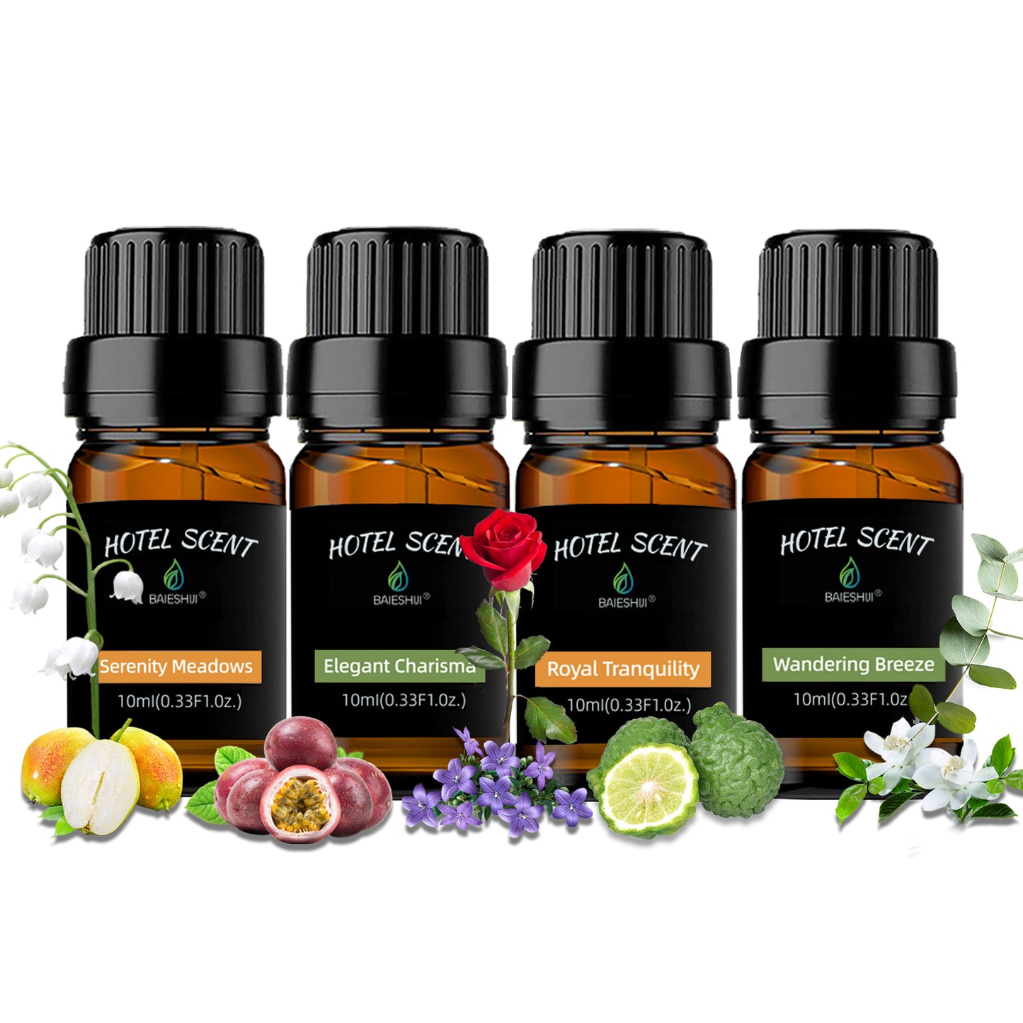 Hotel Scents Diffuser Oils Set, Aromatherapy Fragrances Inspired by 5-Star Hotels, Wandering Breeze, Elegant Charisma, Serenity Meadows, Royal Tranquility-Top 4x10ML