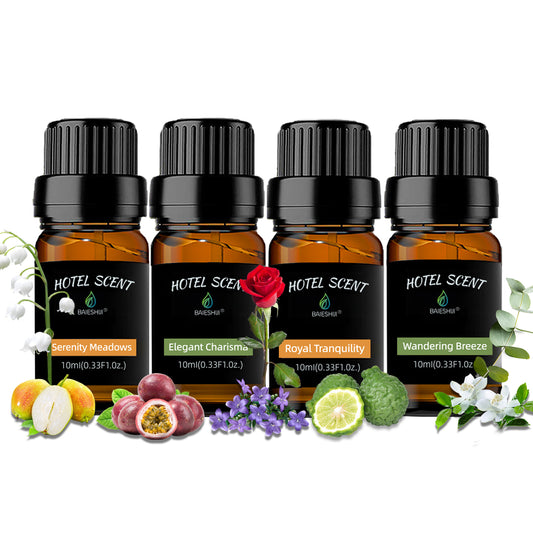Hotel Scents Diffuser Oils Set, Aromatherapy Fragrances Inspired by 5-Star Hotels, Wandering Breeze, Elegant Charisma, Serenity Meadows, Royal Tranquility-Top 4x10ML