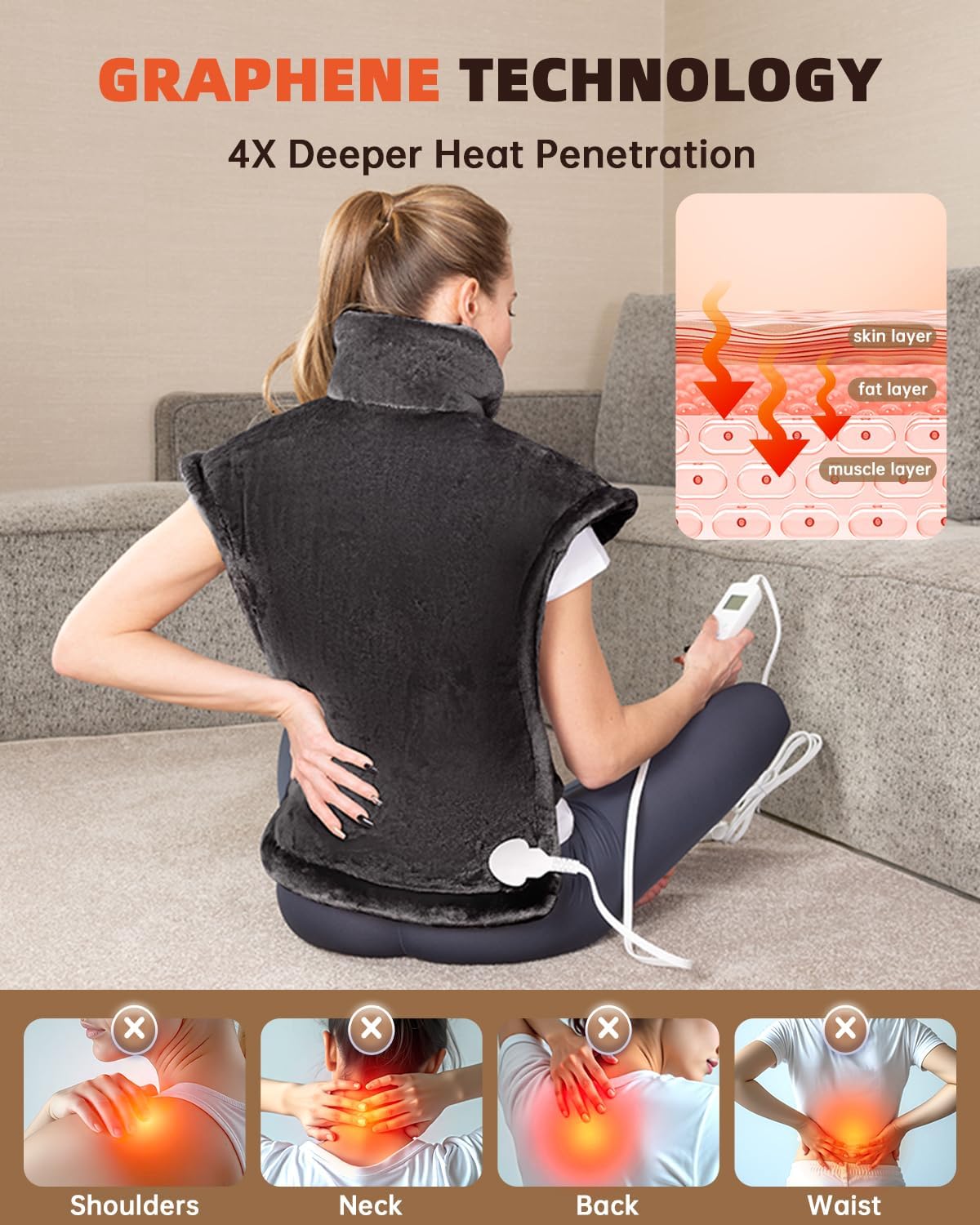 Graphene-Infused Heating Pad for Neck Shoulders and Back, Mother's Day Wellness Gifts, 4X Deeper Heat Penetration Weighted Electric Heat Pad for Pain Relief, Snug Fit Wrap, ETL Certified