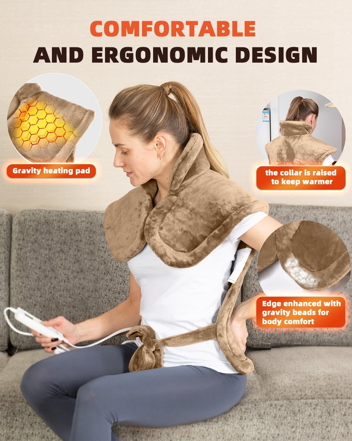 Graphene-Infused Heating Pad for Neck Shoulders and Back, Mother's Day Wellness Gifts, 4X Deeper Heat Penetration Weighted Electric Heat Pad for Pain Relief, Snug Fit Wrap, ETL Certified
