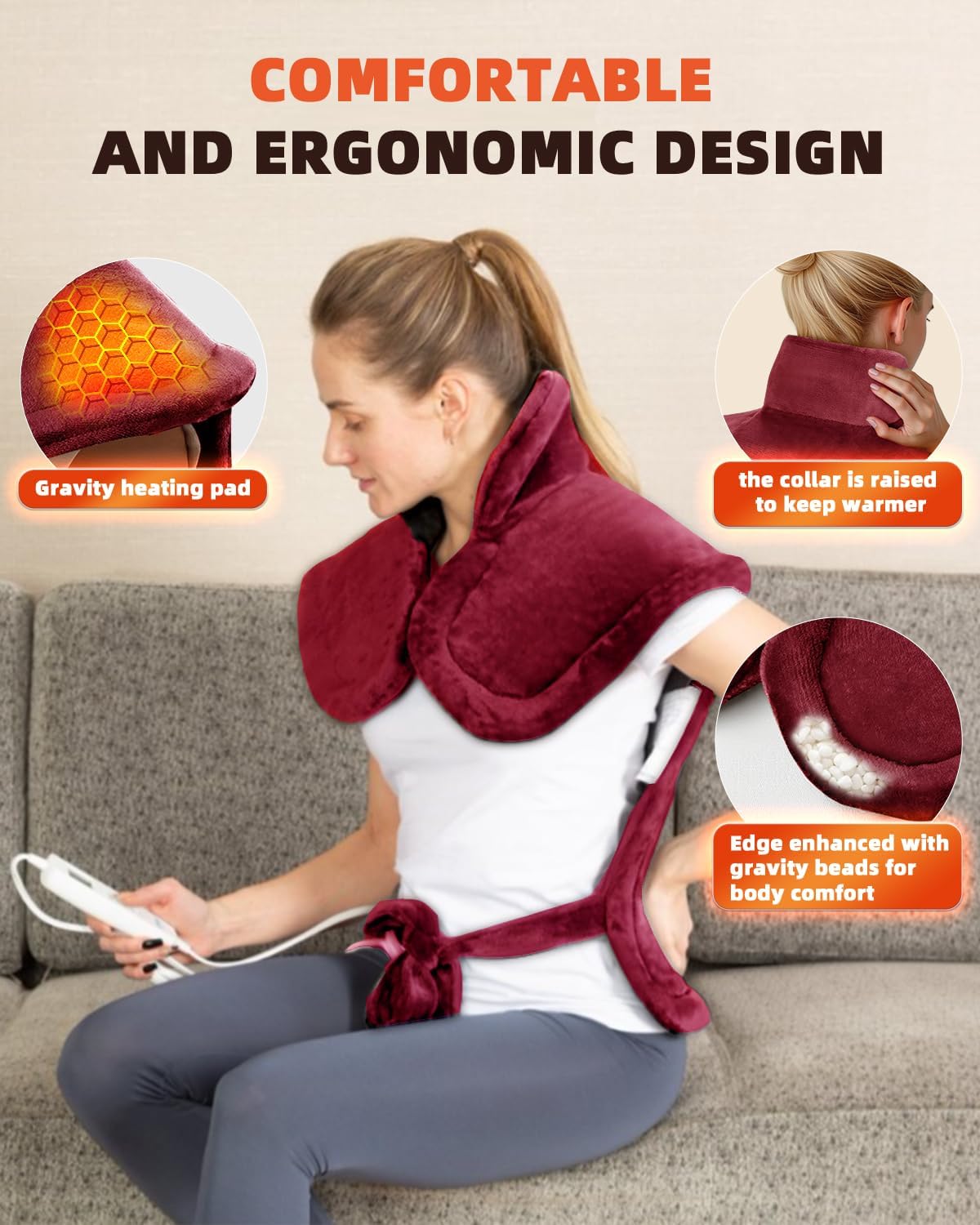 Graphene-Infused Heating Pad for Neck Shoulders and Back, Mother's Day Wellness Gifts, 4X Deeper Heat Penetration Weighted Electric Heat Pad for Pain Relief, Snug Fit Wrap, ETL Certified