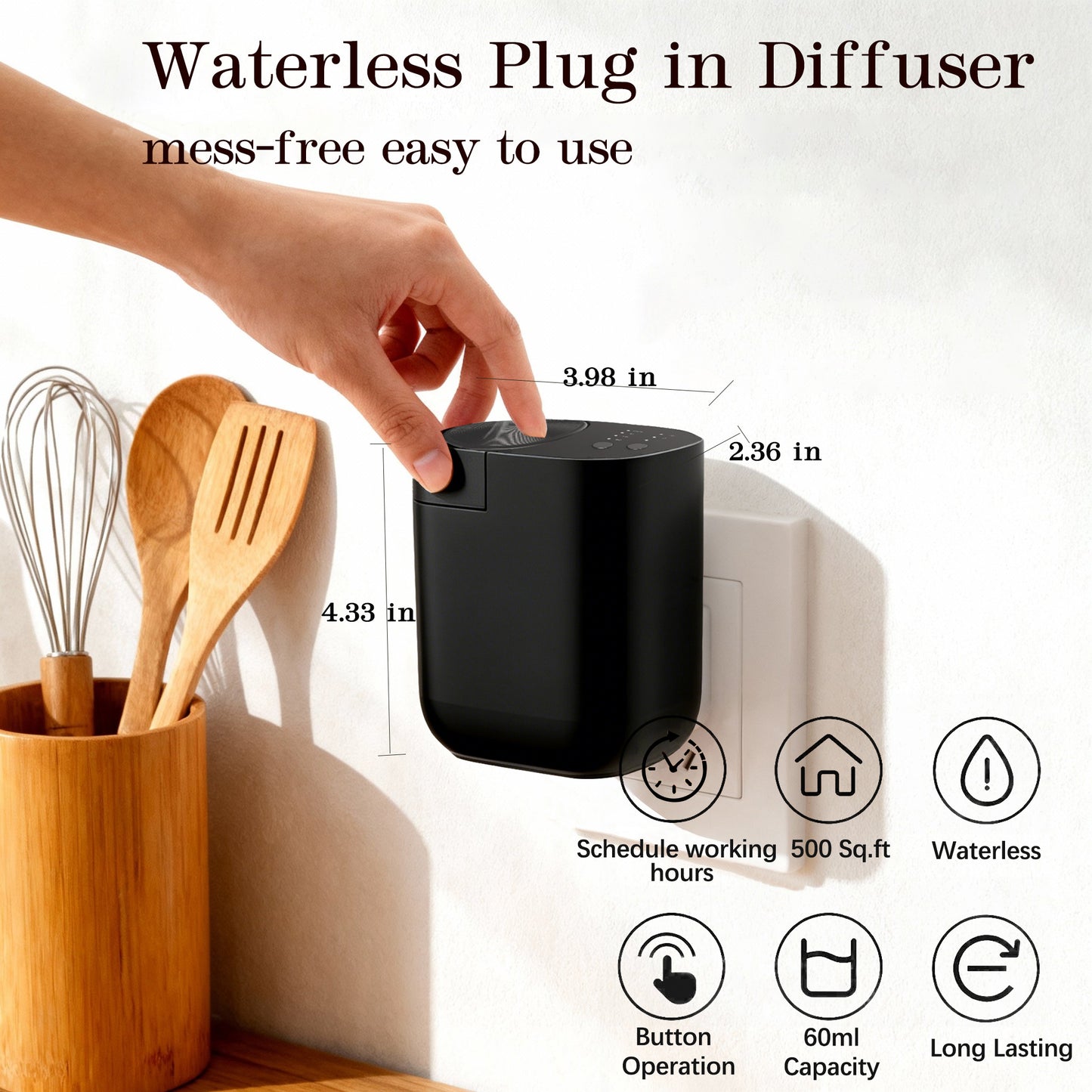 Waterless Diffuser for Essential Oil, Plug in Wall Scent Diffuser for Home, Quiet Cold Air Aromatherapy Diffuser with 500 Sq Ft Coverage, Includes 2×30ml Hotel-Inspired Oils