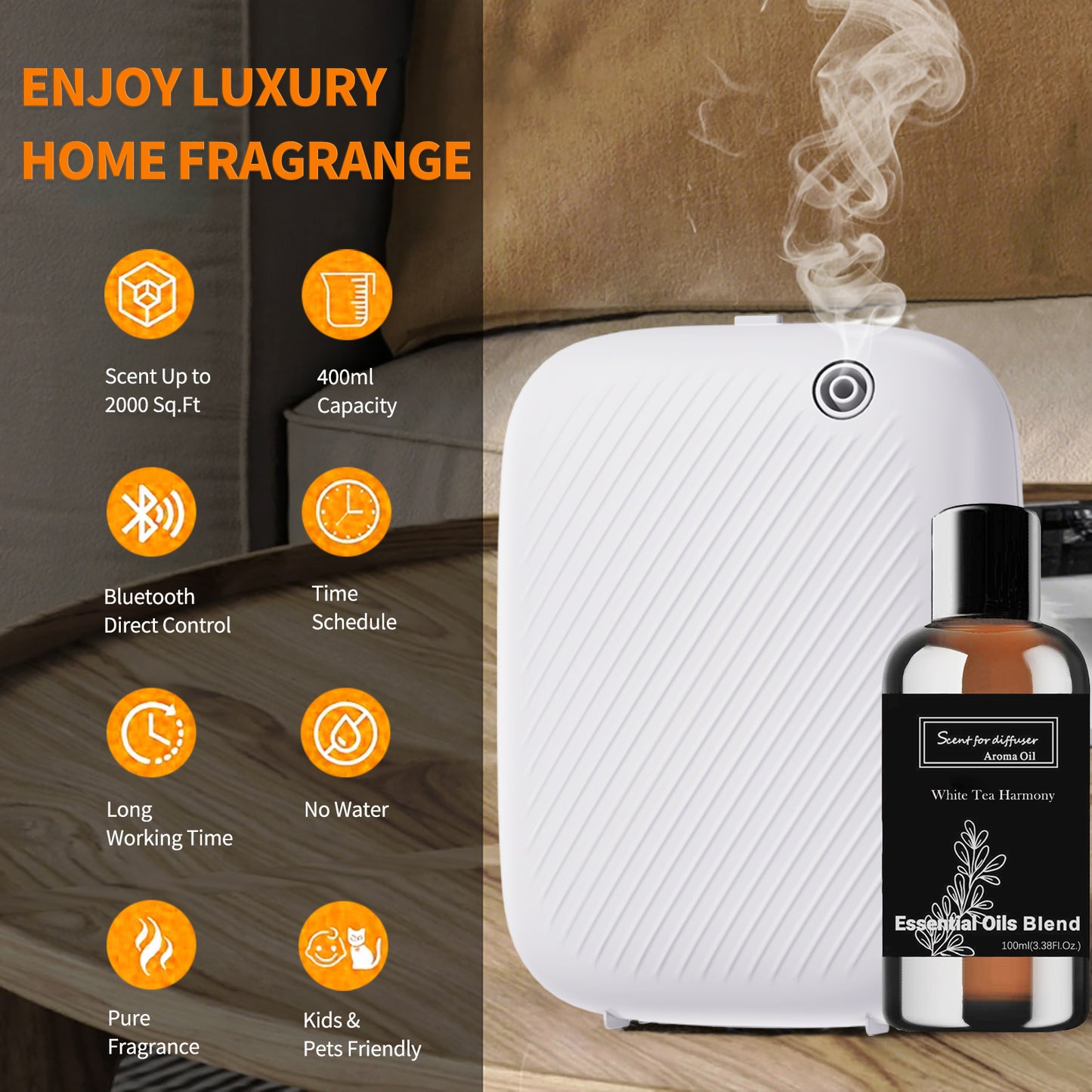 BAIESHIJI Waterless Essential Oil Diffuser, 400ML Hotel Scent Diffuser with 12A1V for Large Room and Commercial Use for Bedroom Home, Office, Cover Up to 2000 Sq.Ft
