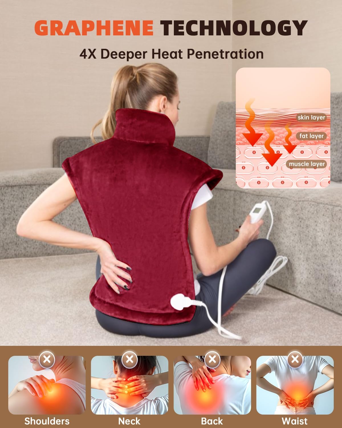 Graphene-Infused Heating Pad for Neck Shoulders and Back, Mother's Day Wellness Gifts, 4X Deeper Heat Penetration Weighted Electric Heat Pad for Pain Relief, Snug Fit Wrap, ETL Certified