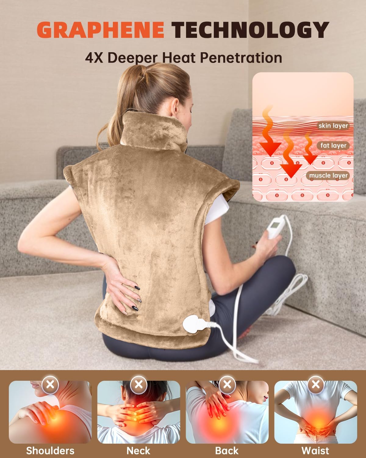 Graphene-Infused Heating Pad for Neck Shoulders and Back, Mother's Day Wellness Gifts, 4X Deeper Heat Penetration Weighted Electric Heat Pad for Pain Relief, Snug Fit Wrap, ETL Certified