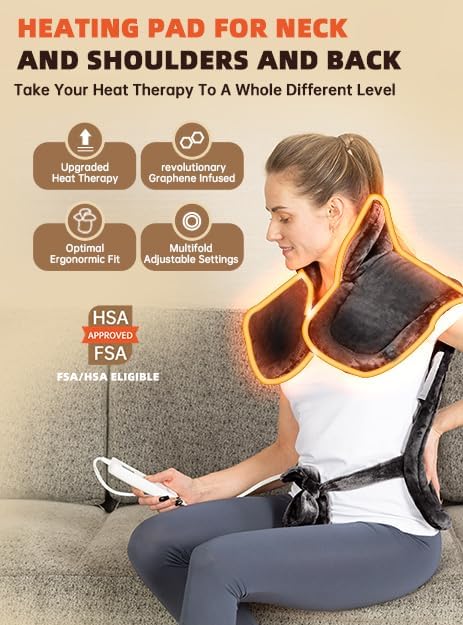 Graphene-Infused Heating Pad for Neck Shoulders and Back, Mother's Day Wellness Gifts, 4X Deeper Heat Penetration Weighted Electric Heat Pad for Pain Relief, Snug Fit Wrap, ETL Certified