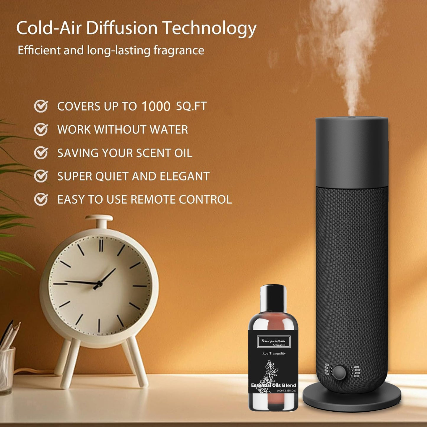 Smart Waterless Essential Oil Diffuser, Scent Air Machine for Home, Aromatherapy Scent Diffuser with Roy Tranquility Oil, Covers Up to 1000 Sq.Ft, Quiet Cold-Air Tech Machine for Hotel, Spa (Black)