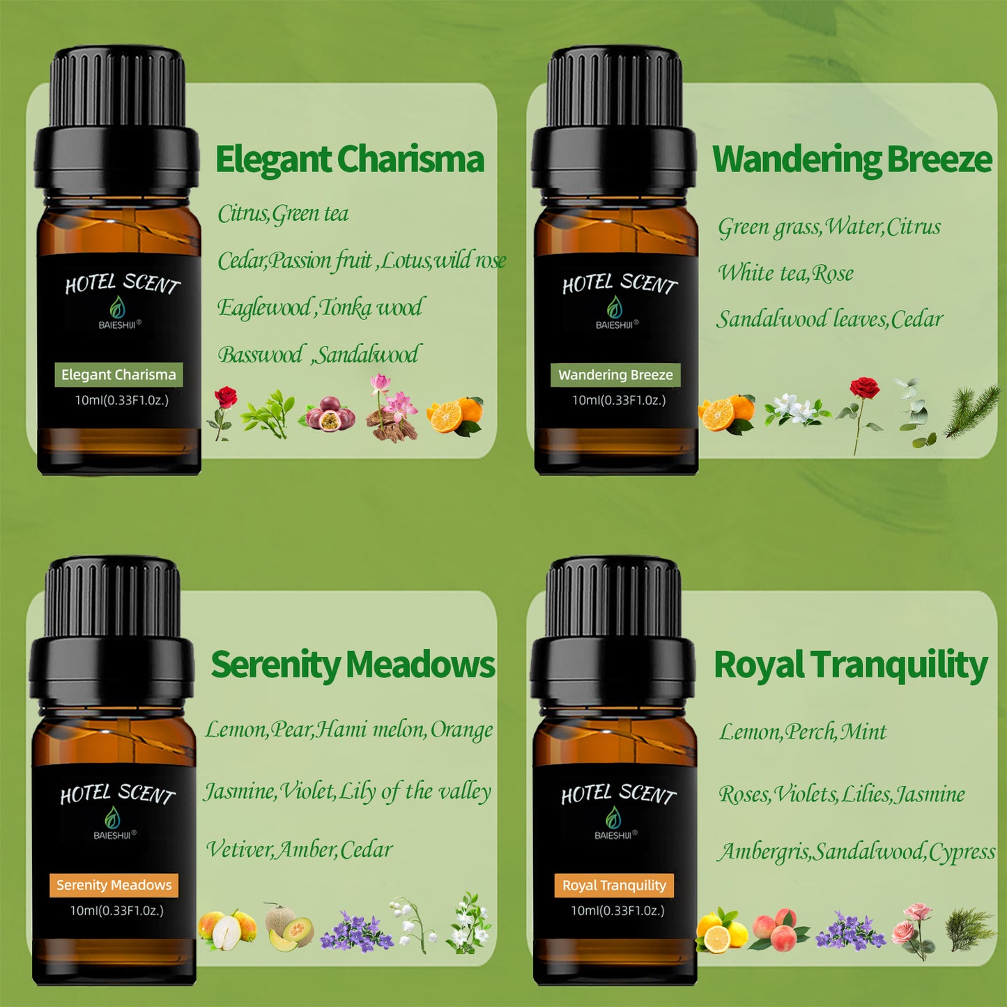 Hotel Scents Diffuser Oils Set, Aromatherapy Fragrances Inspired by 5-Star Hotels, Wandering Breeze, Elegant Charisma, Serenity Meadows, Royal Tranquility-Top 4x10ML