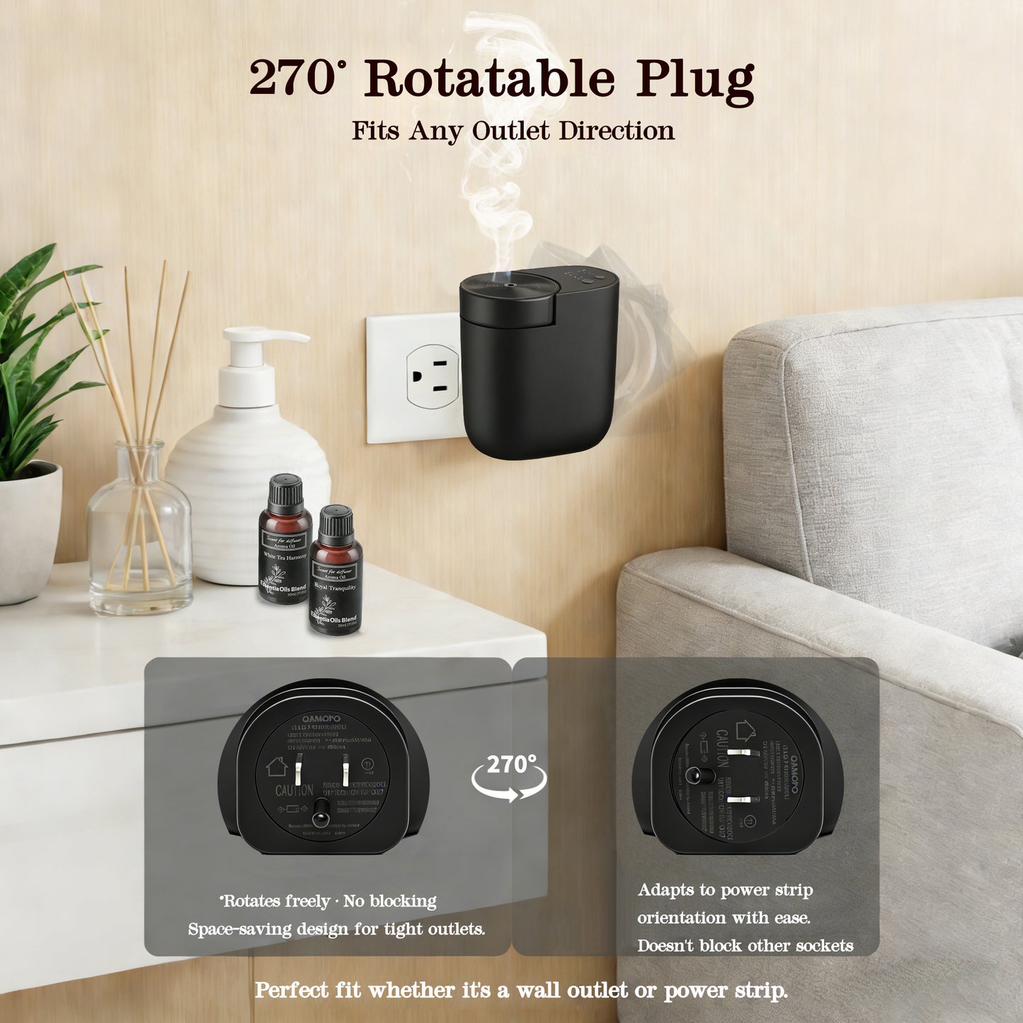 Waterless Diffuser for Essential Oil, Plug in Wall Scent Diffuser for Home, Quiet Cold Air Aromatherapy Diffuser with 500 Sq Ft Coverage, Includes 2×30ml Hotel-Inspired Oils