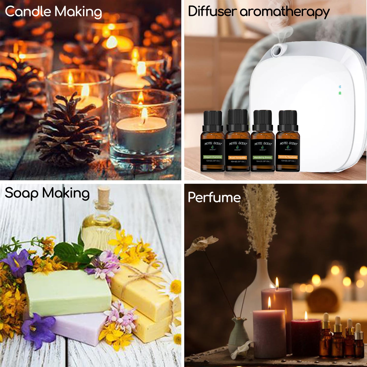Hotel Scents Diffuser Oils Set, Aromatherapy Fragrances Inspired by 5-Star Hotels, Wandering Breeze, Elegant Charisma, Serenity Meadows, Royal Tranquility-Top 4x10ML