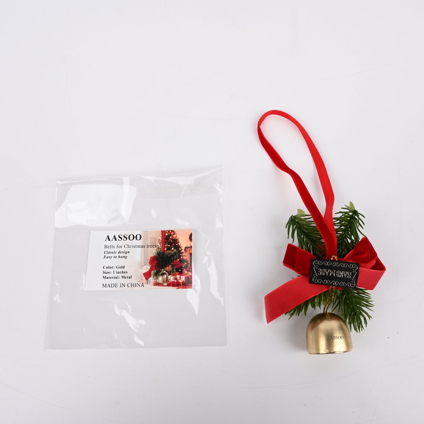 AASSOO Christmas Tree Ornament Bell, Pine Cone &amp; Red Bow Hanging Decoration, Mini Gold Bell with Pine Needles for Xmas Tree, Home Holiday Decor