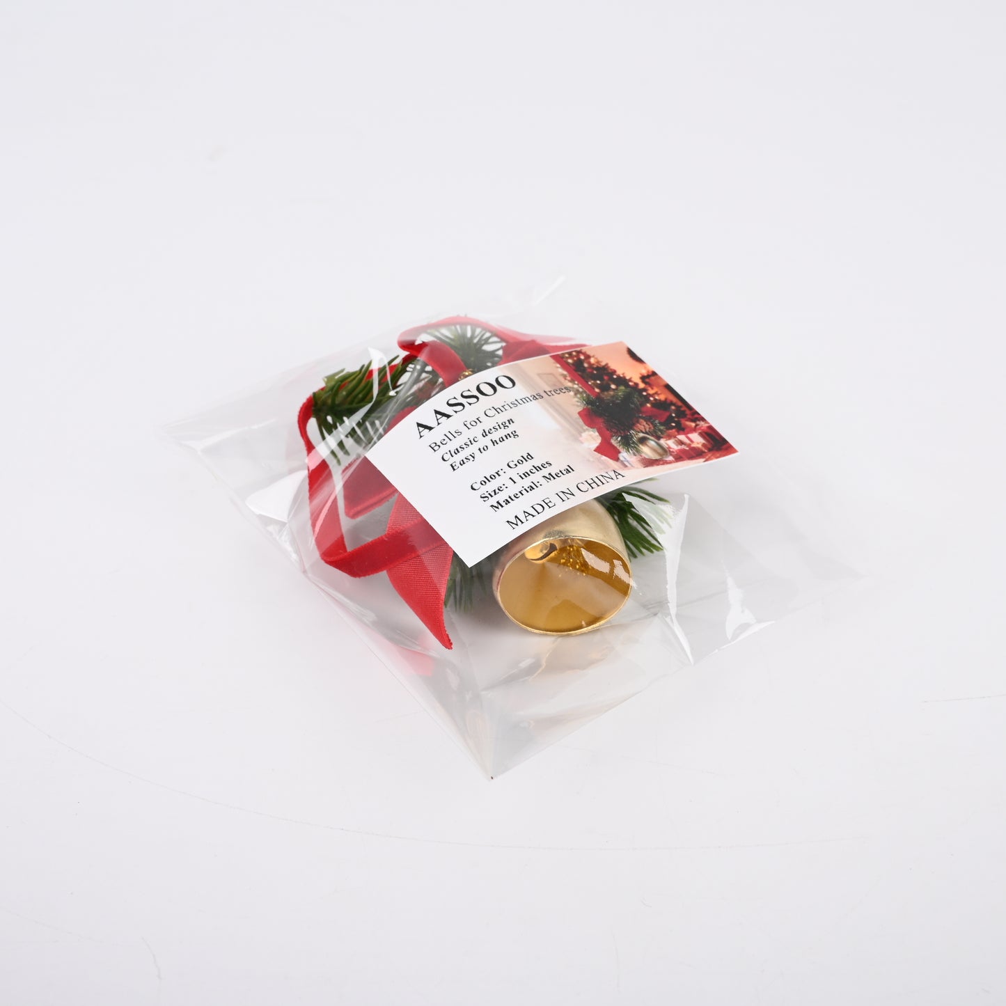 AASSOO Christmas Tree Ornament Bell, Pine Cone &amp; Red Bow Hanging Decoration, Mini Gold Bell with Pine Needles for Xmas Tree, Home Holiday Decor