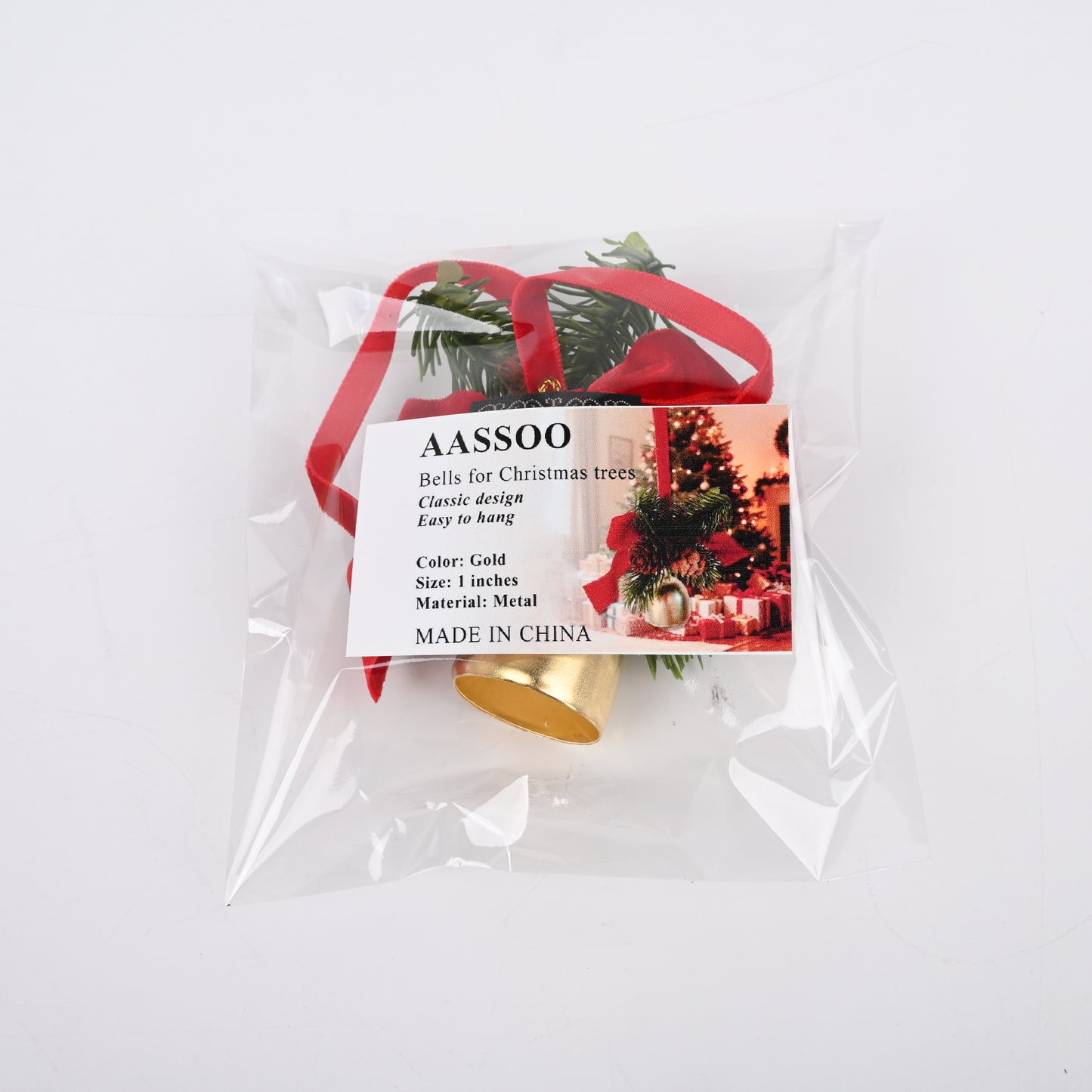 AASSOO Christmas Tree Ornament Bell, Pine Cone &amp; Red Bow Hanging Decoration, Mini Gold Bell with Pine Needles for Xmas Tree, Home Holiday Decor