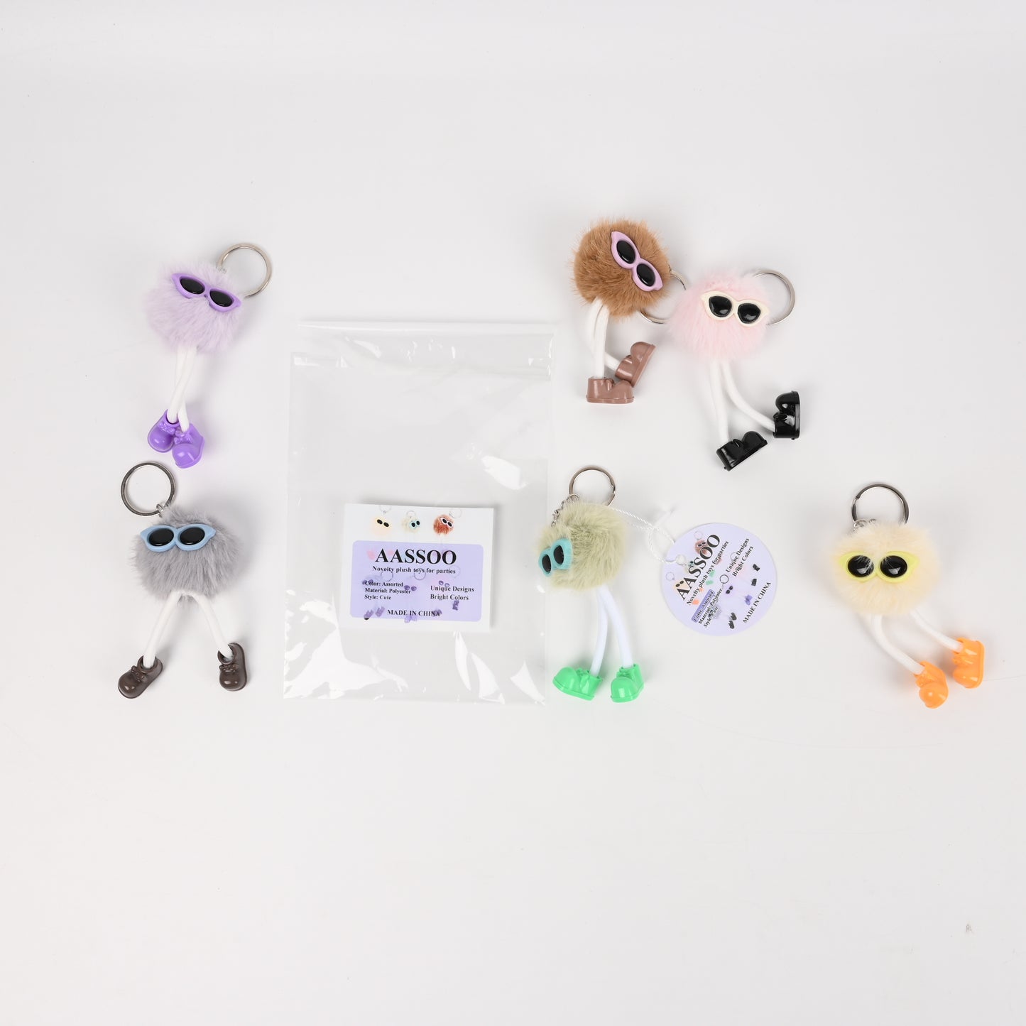 AASSOO Funny Plush Keychain Set, 6 Pcs Novelty Fluffy Monster Keychains with Sunglasses &amp; Shoes, Cute Party Favors for Kids Adults, Bag/Backpack Decorations