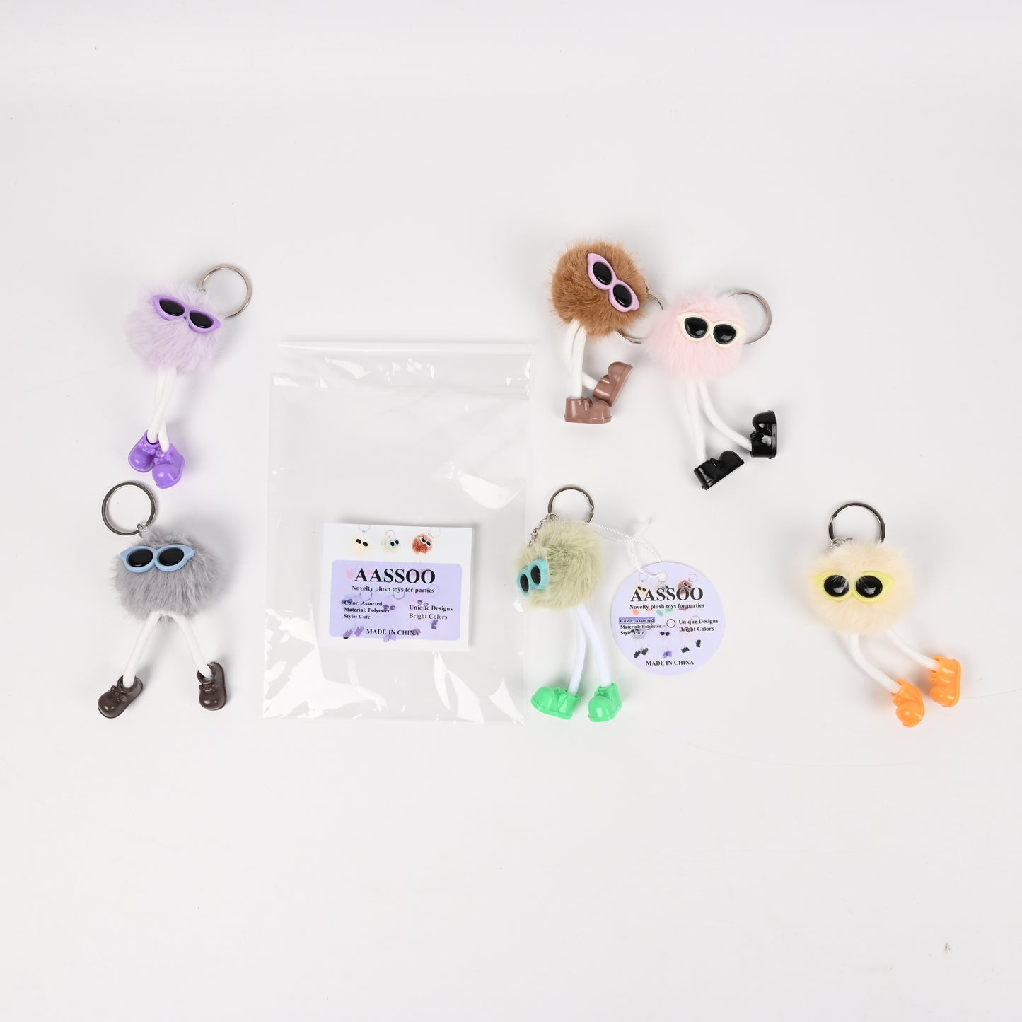 AASSOO Funny Plush Keychain Set, 6 Pcs Novelty Fluffy Monster Keychains with Sunglasses &amp; Shoes, Cute Party Favors for Kids Adults, Bag/Backpack Decorations