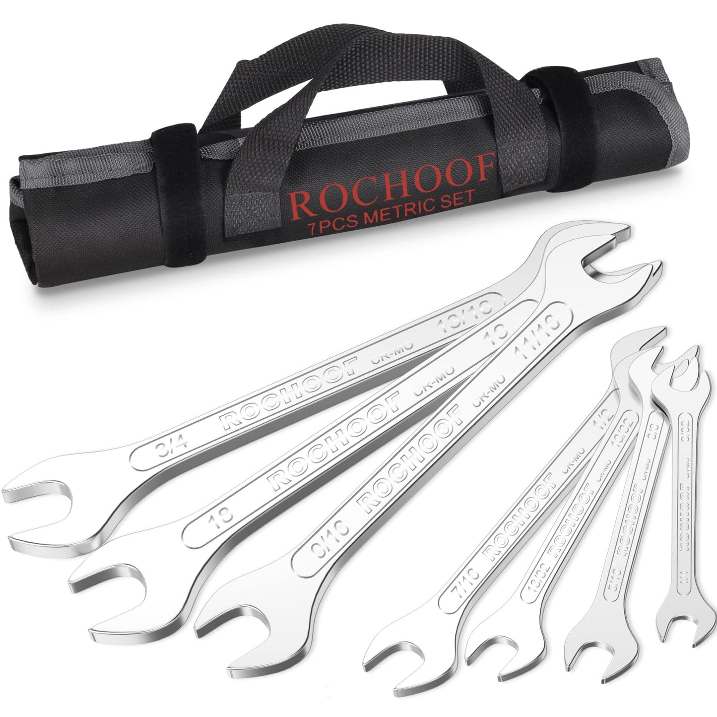Super-Thin Open End Wrench Set, 7-Piece SAE 1/4"-15/16" Slim Wrenches Chromium-molybdenum Steel Wrench Set with Rolling Pouch