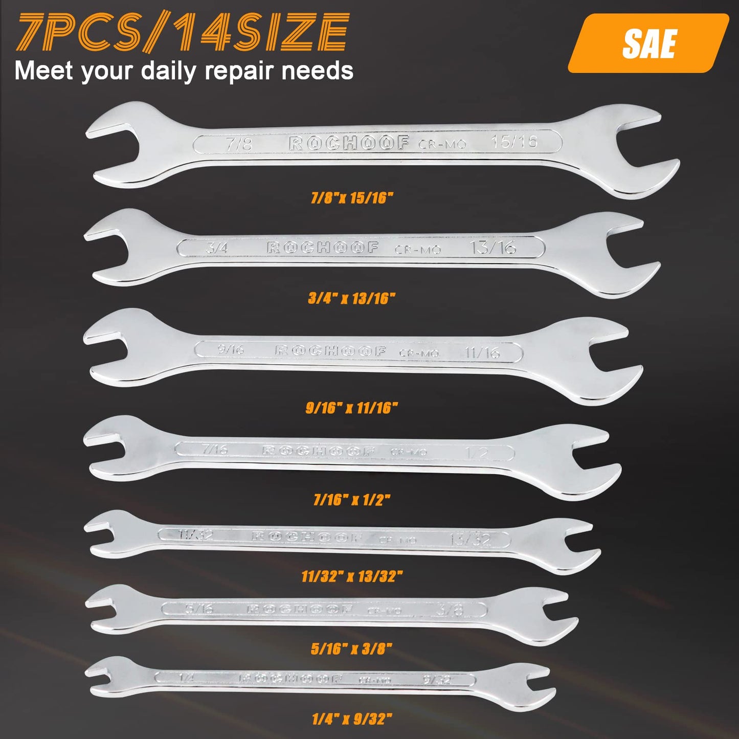 Super-Thin Open End Wrench Set, 7-Piece SAE 1/4"-15/16" Slim Wrenches Chromium-molybdenum Steel Wrench Set with Rolling Pouch