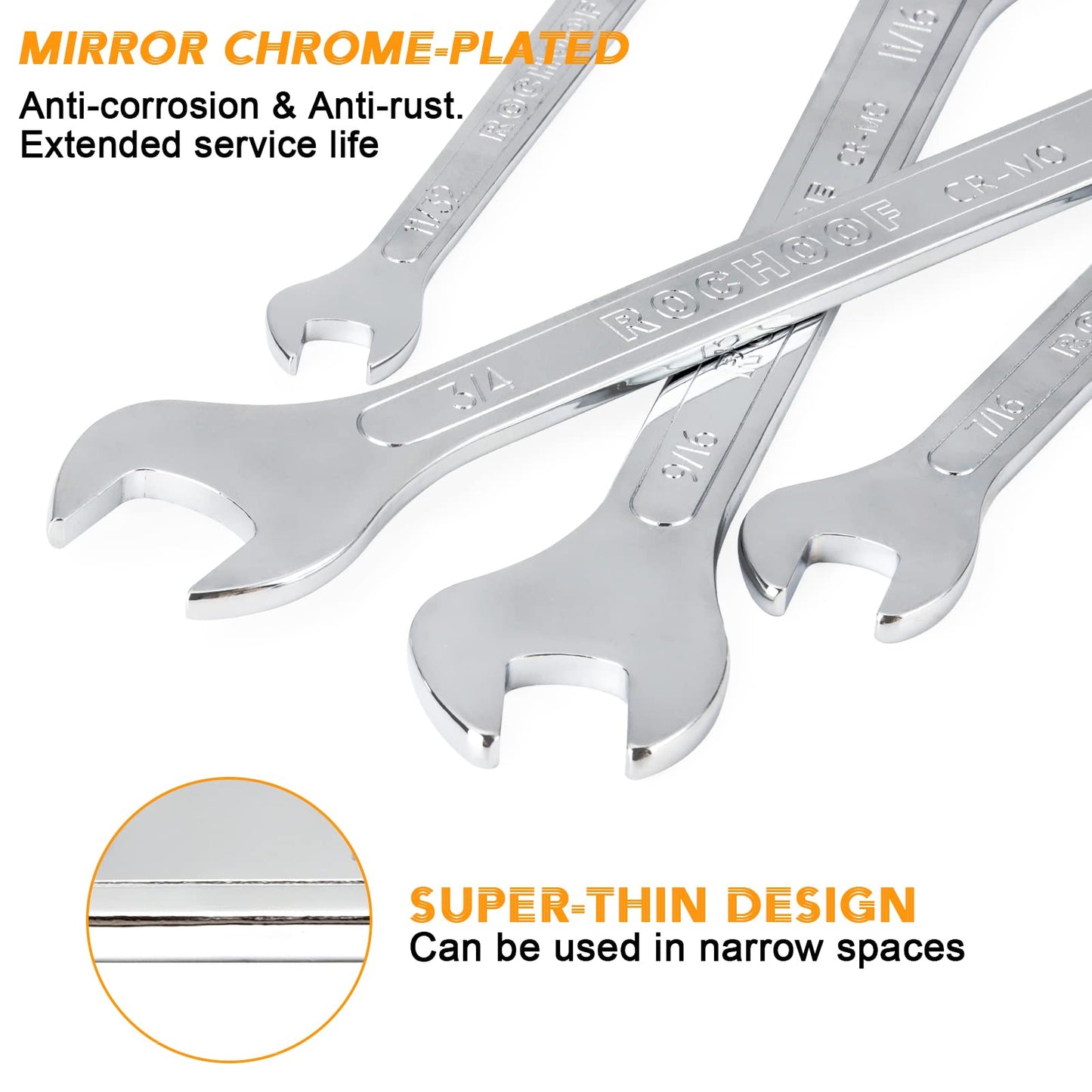 Super-Thin Open End Wrench Set, 7-Piece SAE 1/4"-15/16" Slim Wrenches Chromium-molybdenum Steel Wrench Set with Rolling Pouch
