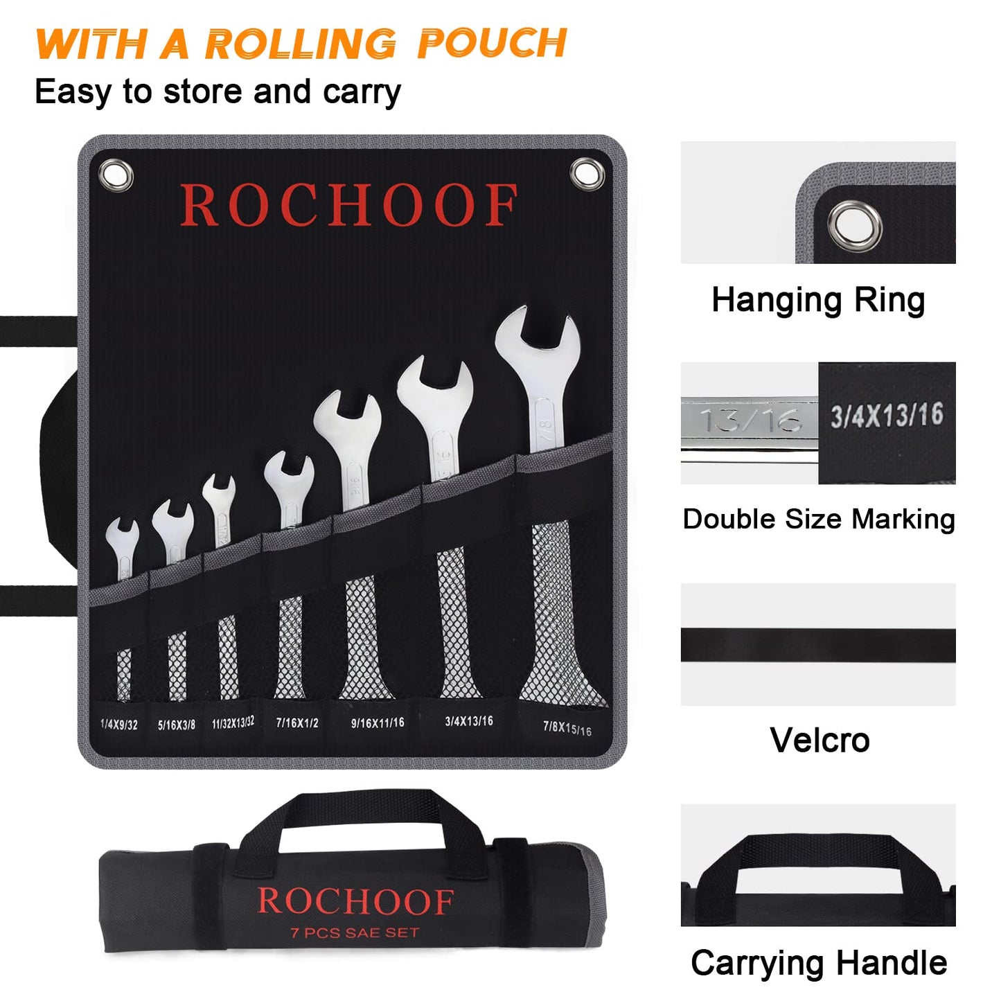Super-Thin Open End Wrench Set, 7-Piece SAE 1/4"-15/16" Slim Wrenches Chromium-molybdenum Steel Wrench Set with Rolling Pouch