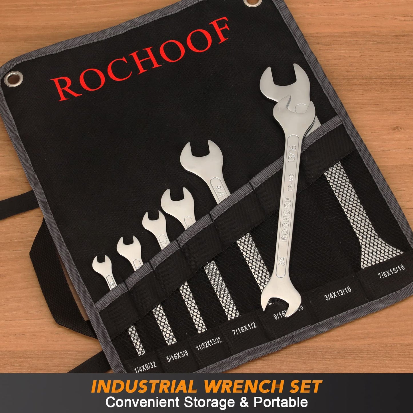 Super-Thin Open End Wrench Set, 7-Piece SAE 1/4"-15/16" Slim Wrenches Chromium-molybdenum Steel Wrench Set with Rolling Pouch